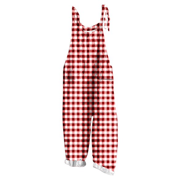 Lenpel Women's Jumpsuits Plus Size Sleeveless Spaghetti Strap Striped Plaid Straight Leg Rompers Causal Loose Overalls with Pockets