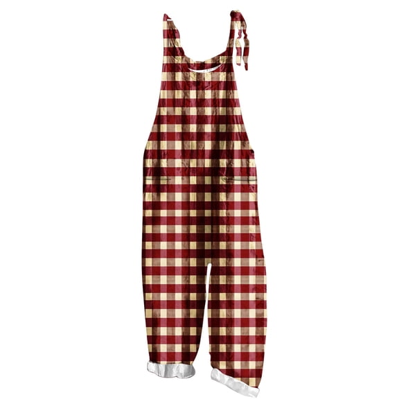 Lenpel Women's Jumpsuits Plus Size Sleeveless Spaghetti Strap Striped Plaid Straight Leg Rompers Causal Loose Overalls with Pockets