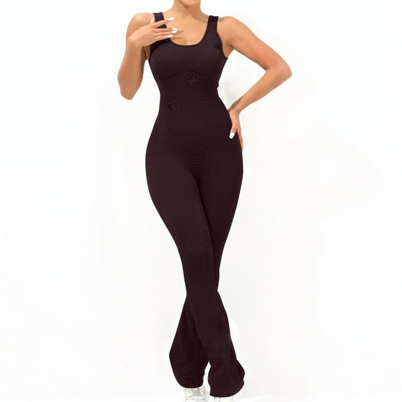 Lenpel Women's Jumpsuits Ribbed Workout Sleeveless Long Yoga Rompers Comfy Stretchy Flared Leg Overall Pants