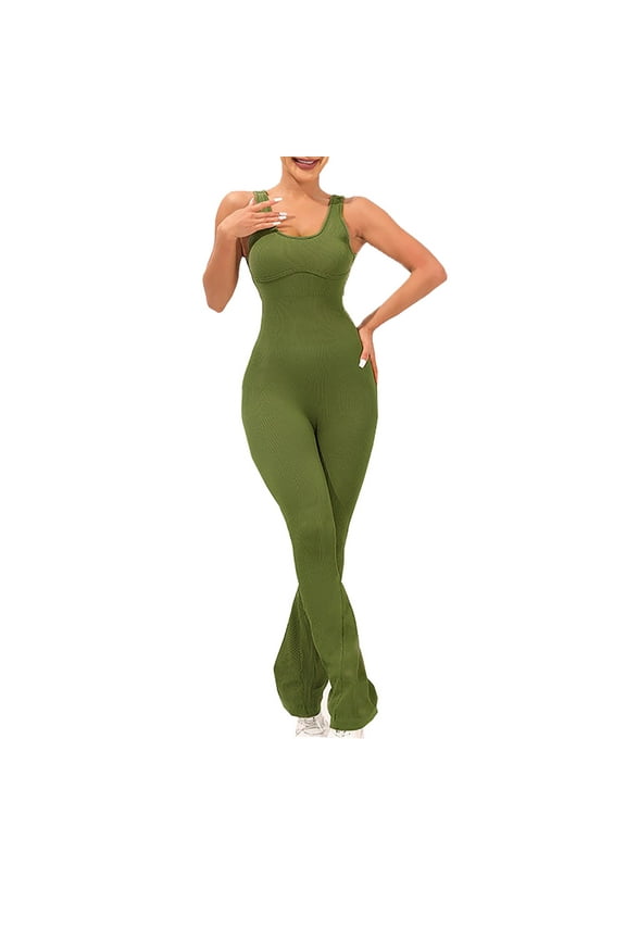 Women's Jumpsuits Ribbed Workout Sleeveless Long Yoga Rompers Comfy Stretchy Flared Leg Overall Pants