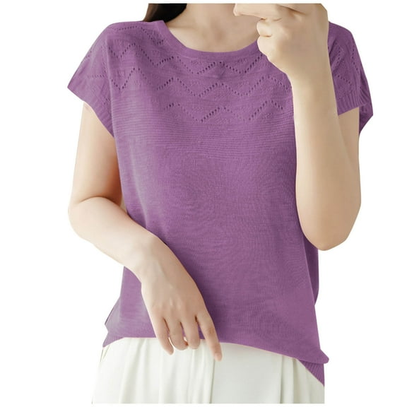 Lenpel Women's Knit Tops Fashion Summer Cap Short Sleeve Crew Neck Lightweight Sweaters Casual Loose Blouses