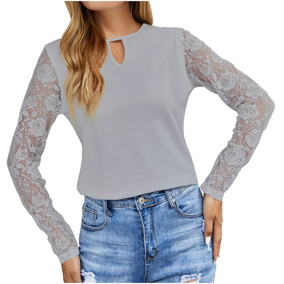 Lenpel Women's Lace Long Sleeve Shirts Trendy Crew Neck Hollow out Casual Tunic Tops Fashion Tunic Blouses
