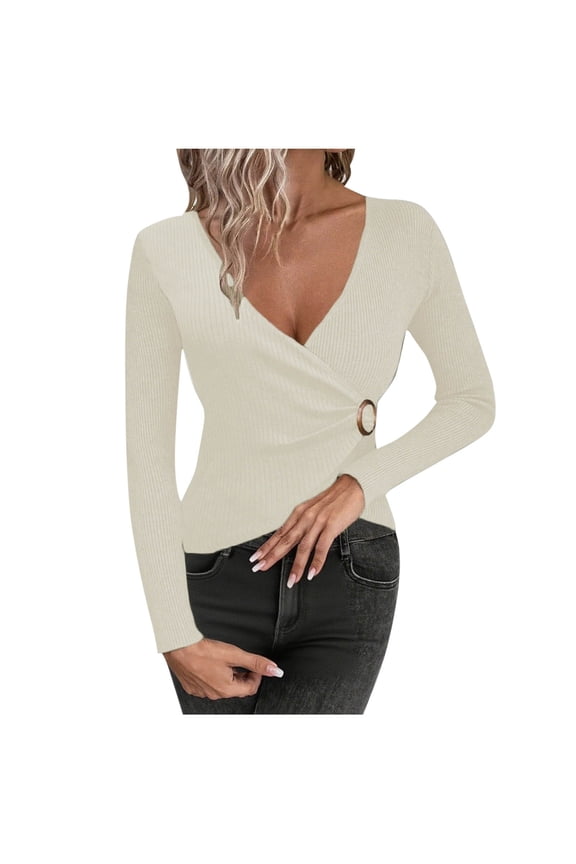 Women's Lightweight Sweaters Deep V Neck Long Sleeve Wrap Slim Ribbed Pullover Sweaters Knitted Going out Tops(Beige,Large)