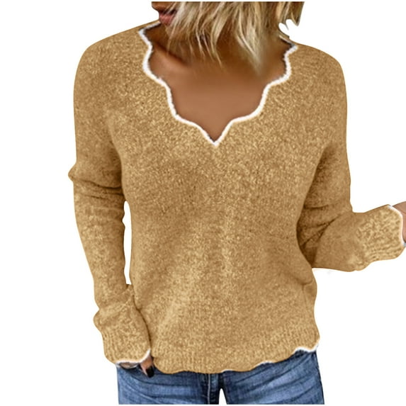 Lenpel Women's Lightweight Sweaters Soft V Neck Ruffle Trim Long Sleeve Knit Pullover Tops Fashion Fall Blouses