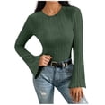 thumbnail image 1 of Lenpel Women's Lightweight Sweaters Trendy Crew Neck Ribbed Knit Bell Long Sleeve Shirts Soft Casual Blouses(Army Green,X-Large), 1 of 5