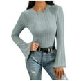 thumbnail image 1 of Lenpel Women's Lightweight Sweaters Trendy Crew Neck Ribbed Knit Bell Long Sleeve Shirts Soft Casual Blouses(Light Blue,X-Large), 1 of 5