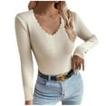thumbnail image 1 of Lenpel Women's Lightweight Sweaters Trendy Long Sleeve Scalloped V Neck Slim Knit Pullover Tops Ribbed Casual Sweaters(Khaki,Small), 1 of 4
