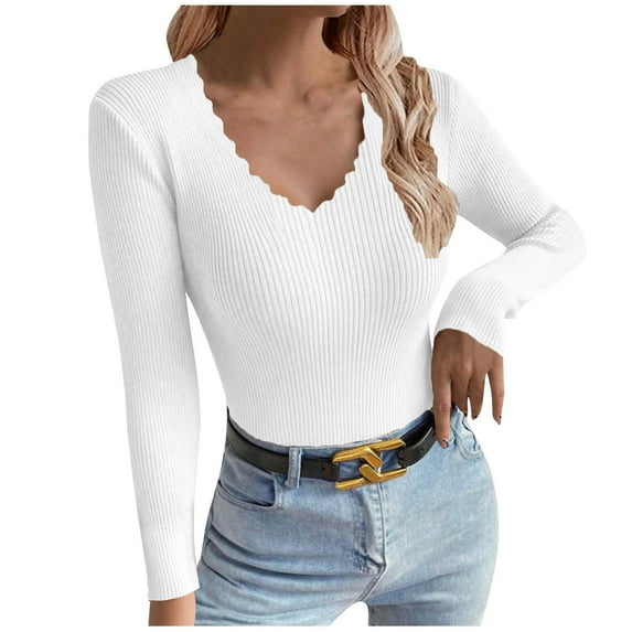 Lenpel Women's Lightweight Sweaters Trendy Long Sleeve Scalloped V Neck Slim Knit Pullover Tops Ribbed Casual Sweaters(White,Large)