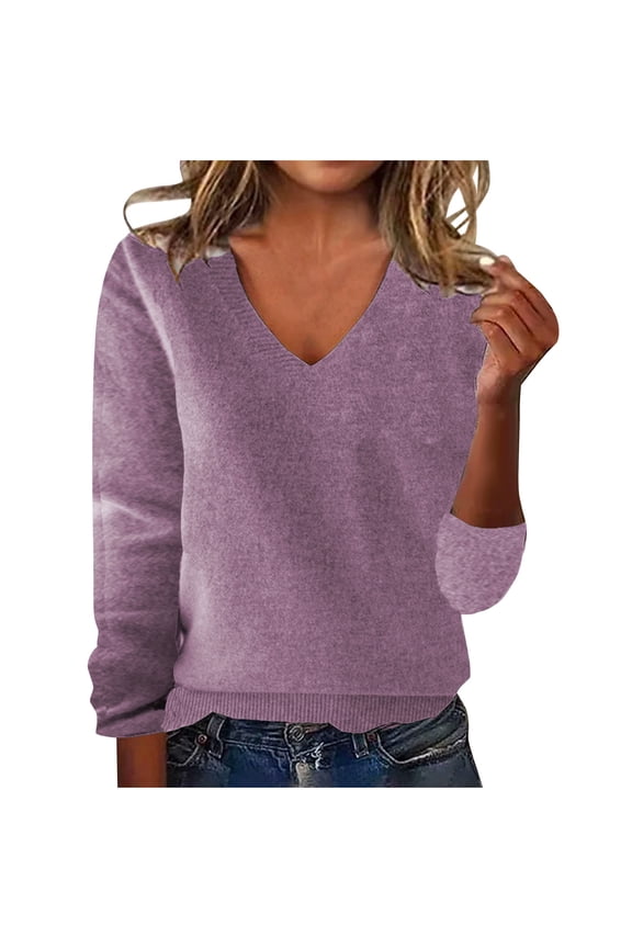 Women's Lightweight Sweaters Trendy V Neck Long Sleeve Solid Color Basic Knit Tops Soft Casual Pullover Sweaters(Purple,Medium)