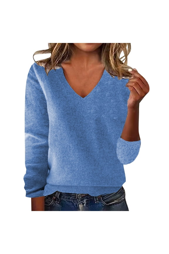 Women's Lightweight Sweaters Trendy V Neck Long Sleeve Solid Color Basic Knit Tops Soft Casual Pullover Sweaters(Sky Blue,Large)