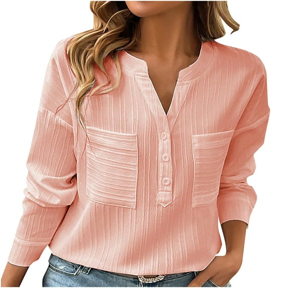Lenpel Women's Long Sleeve Blouses Dressy Casual V Neck Half Button Textured Shirts Trendy Tunic Tops with Pockets