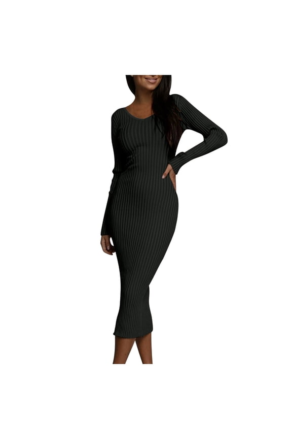 Women's Long Sleeve Dress Fall Winter V Neck Slim Ribbed Knit Casual Bodycon Dresses Midi Pencil Dresses