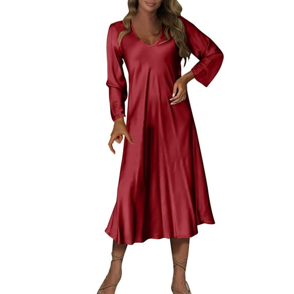 Lenpel Women's Long Sleeve Dress Lightweight V Neck Solid Color Casual Loose Midi Dresses Fall Dresses