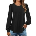 thumbnail image 1 of Lenpel Women's Long Sleeve Shirts Casual Crew Neck Puff Long Sleeve Solid Eyelet Tunic Tops Trendy Fall Blouses, 1 of 6