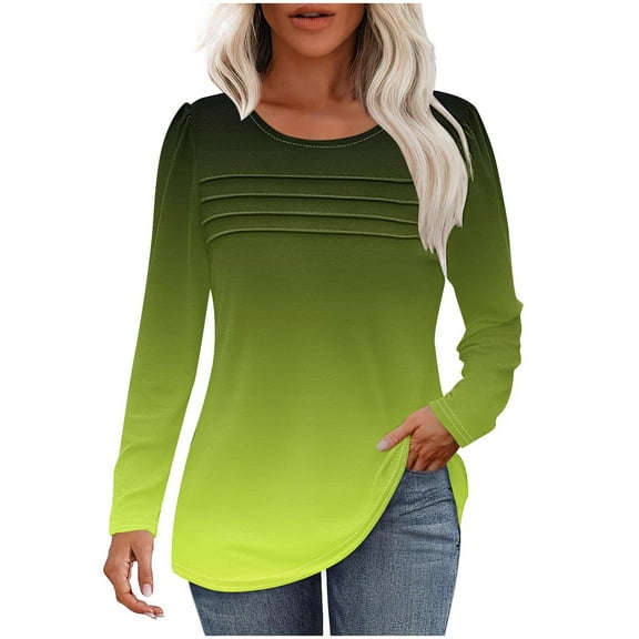 Lenpel Women's Long Sleeve Shirts Casual Loose Crew Neck Gradient Tunic Tops Fashion Spring Fall Blouses