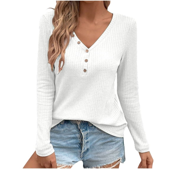 Lenpel Women's Long Sleeve Shirts Casual V Neck Button Solid Color Textured Tunic Tops Fall Fashion Blouses