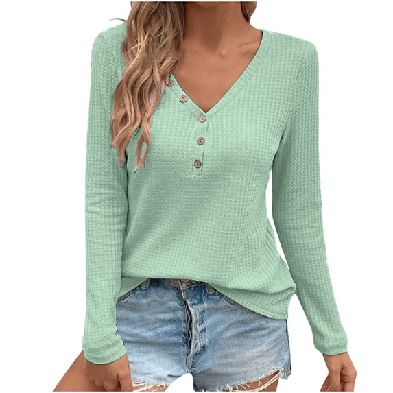 Lenpel Women's Long Sleeve Shirts Casual V Neck Button Solid Color Textured Tunic Tops Fall Fashion Blouses