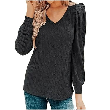 Lenpel Women's Long Sleeve Shirts Casual V Neck Solid Color Ribbed Knitted Fall Sweaters Fashion Tunic Tops