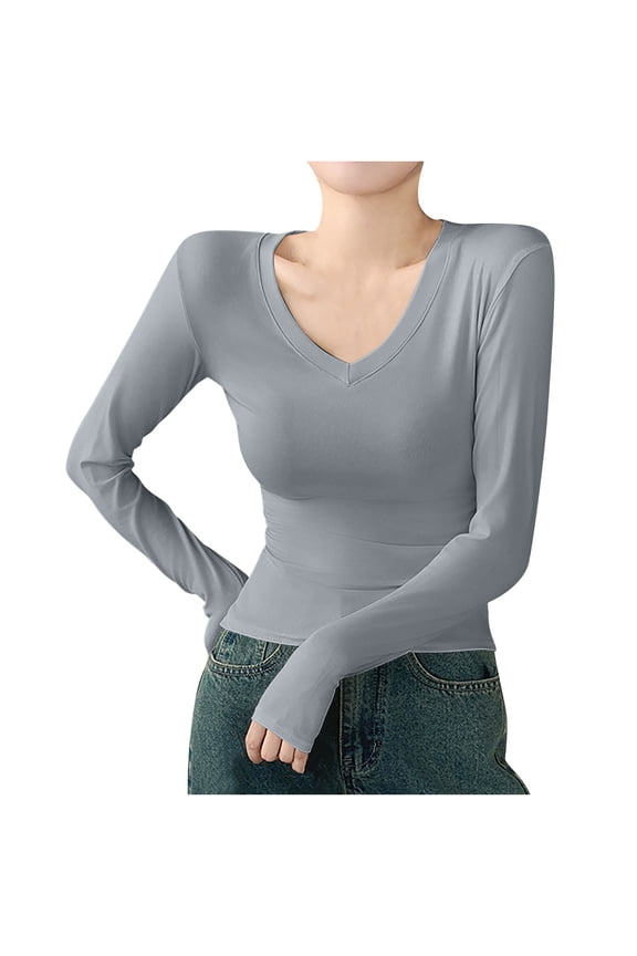 Women's Long Sleeve Shirts Fall Fashion V Neck Solid Color Basic Slim Stretch Blouses Base Layer Tops