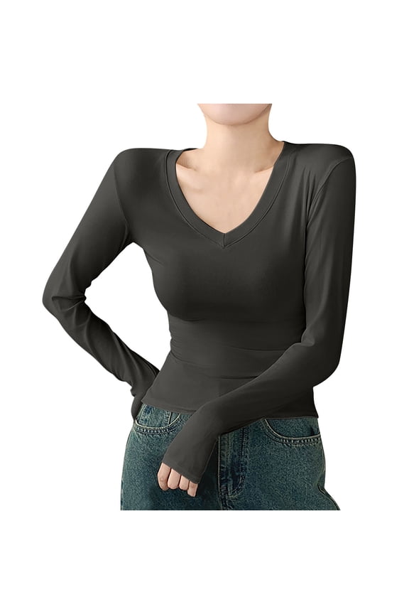 Women's Long Sleeve Shirts Fall Fashion V Neck Solid Color Basic Slim Stretch Blouses Base Layer Tops