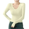 thumbnail image 1 of Lenpel Women's Long Sleeve Shirts Fall Fashion V Neck Solid Color Basic Slim Stretch Blouses Base Layer Tops, 1 of 3