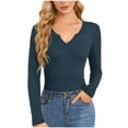 thumbnail image 1 of Lenpel Women's Long Sleeve Shirts Fall Fashion V Neck Solid Color Slim Ribbed Knit Tops Basic Layer Blouse, 1 of 4