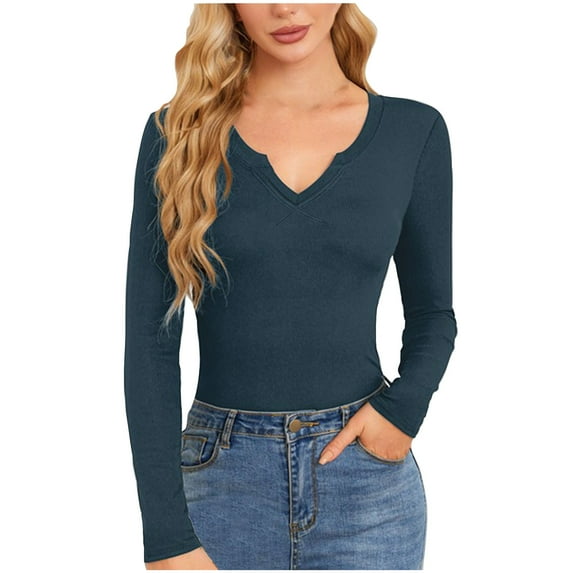 Lenpel Women's Long Sleeve Shirts Fall Fashion V Neck Solid Color Slim Ribbed Knit Tops Basic Layer Blouse