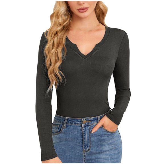 Lenpel Women's Long Sleeve Shirts Fall Fashion V Neck Solid Color Slim Ribbed Knit Tops Basic Layer Blouse
