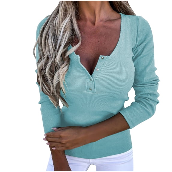 Lenpel Women's Long Sleeve Shirts Scoop Neck Button down Solid Slim Knit Fall Tops Fashion Tunic Blouses