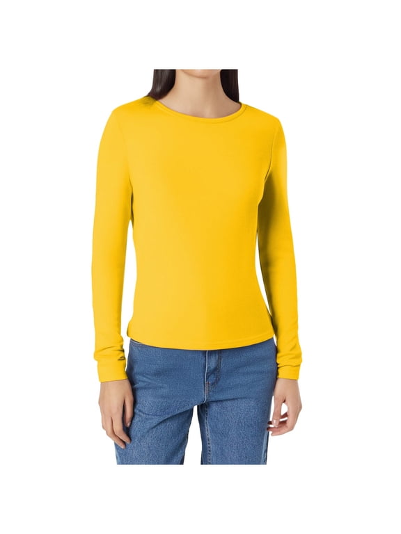 Women's Long Sleeve Shirts Soft Casual Crew Neck Solid Color Slim Layering Basic Tops Comfy Tunic Tees