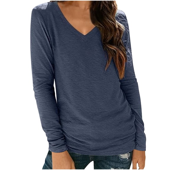 Lenpel Women's Long Sleeve Shirts Soft Casual V Neck Solid Color Basic Tunic Tops Base Layering Fall Blouses