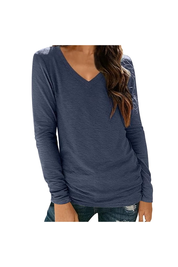 Women's Long Sleeve Shirts Soft Casual V Neck Solid Color Basic Tunic Tops Base Layering Fall Blouses