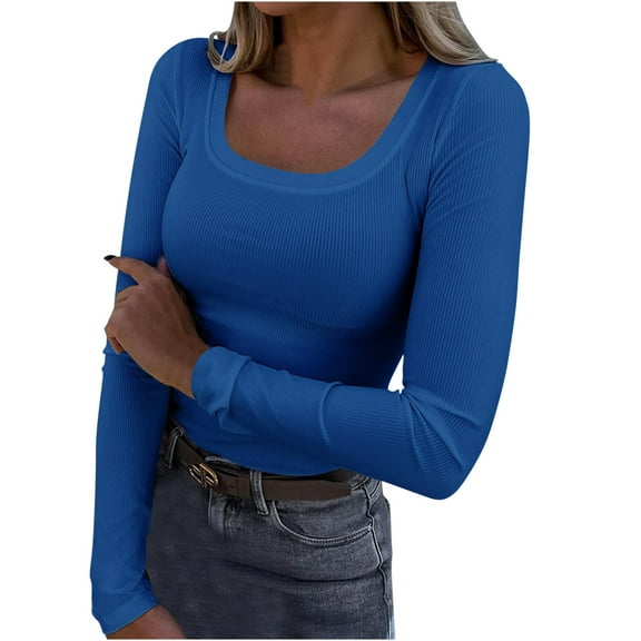 Lenpel Women's Long Sleeve Shirts Trendy Scoop Neck Ribbed Knit Slim Basic Tee Tops Casual Fall Blouses