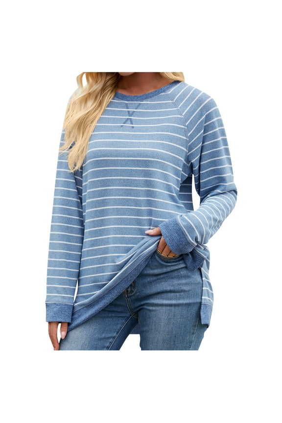 Women's Long Sleeve T Shirts Trendy Fall Crew Neck Side Split Stripped Casual Tops Oversized Tee Shirts