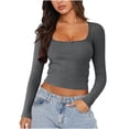 thumbnail image 1 of Lenpel Women's Long Sleeve T Shirts Ribbed Square Neck Lace Trim Stretchy Slim Basic Crop Tops Casual Tee Blouses, 1 of 6