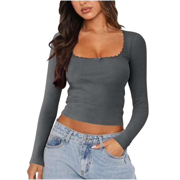 Lenpel Women's Long Sleeve T Shirts Ribbed Square Neck Lace Trim Stretchy Slim Basic Crop Tops Casual Tee Blouses