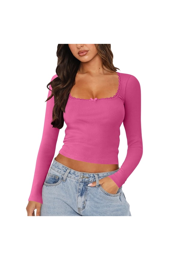 Women's Long Sleeve T Shirts Ribbed Square Neck Lace Trim Stretchy Slim Basic Crop Tops Casual Tee Blouses