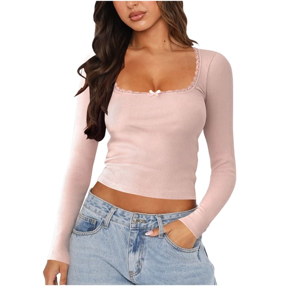 Lenpel Women's Long Sleeve T Shirts Ribbed Square Neck Lace Trim Stretchy Slim Basic Crop Tops Casual Tee Blouses