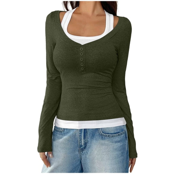Lenpel Women's Long Sleeve T-Shirts Square Neck Quarter Button Color Block 2 in 1 Slim Tee Tops Soft Casual Blouses(Army Green,X-Large)