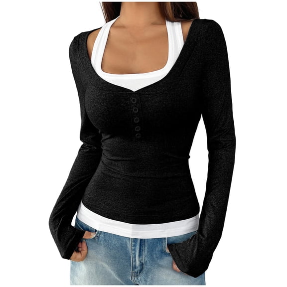 Lenpel Women's Long Sleeve T-Shirts Square Neck Quarter Button Color Block 2 in 1 Slim Tee Tops Soft Casual Blouses(Black,Medium)