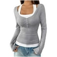 thumbnail image 1 of Lenpel Women's Long Sleeve T-Shirts Square Neck Quarter Button Color Block 2 in 1 Slim Tee Tops Soft Casual Blouses(Gray,Medium), 1 of 6