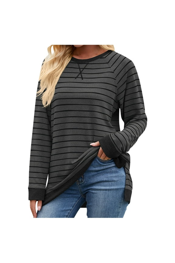 Women's Long Sleeve T Shirts Trendy Fall Crew Neck Side Split Stripped Casual Tops Oversized Tee Shirts