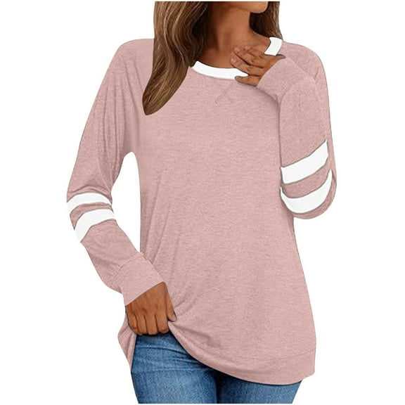 Lenpel Women's Long Sleeve Tops Casual Crew Neck Color Block Basic Tunic Shirts Spring Fall Fashion Outfits