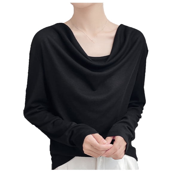 Lenpel Women's Long Sleeve Tops Cowl Neck Solid Color Casual T-Shirts Loose Tunic Blouses Going out Tee Shirts(Black,XX-Large)