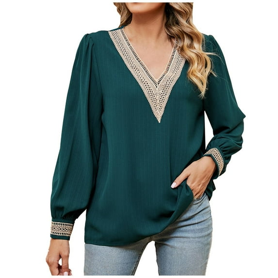 Lenpel Women's Long Sleeve Tops Elegant Lace V Neck Long Sleeve Solid Color Chiffon Shirts Fall Trendy Clothing