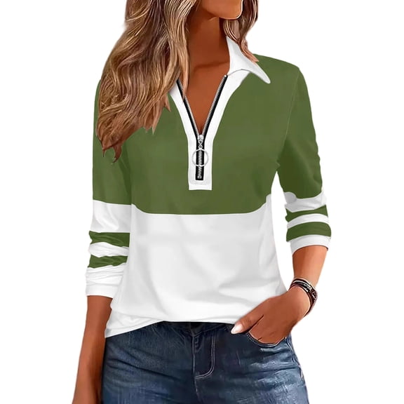 Lenpel Women's Long Sleeve Tops Fashion Half Zip Collared Color Block T Shirts Casual Loose Tee Blouses Spring Fall Outfits(Green,Medium)