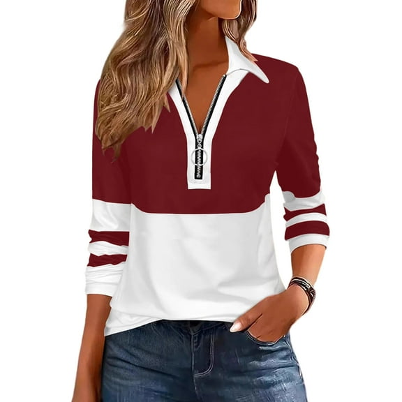 Lenpel Women's Long Sleeve Tops Fashion Half Zip Collared Color Block T Shirts Casual Loose Tee Blouses Spring Fall Outfits(Red,Medium)