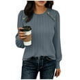 thumbnail image 1 of Lenpel Women's Long Sleeve Tops Trendy Crew Neck Side Button Pleated Textured T Shirts Casual Loose Blouses(Navy,Large), 1 of 5