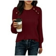 thumbnail image 1 of Lenpel Women's Long Sleeve Tops Trendy Crew Neck Side Button Pleated Textured T Shirts Casual Loose Blouses(Wine,X-Large), 1 of 5