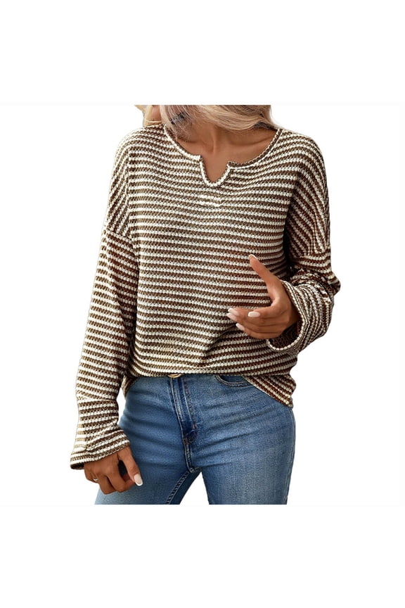 Women's Long Sleeve Tops Trendy Notched V Neck Striped Textured Knit T Shirts Soft Casual Tees Loose Tunic Blouses(Brown,Large)